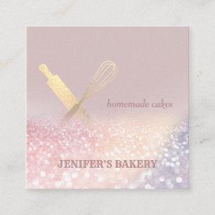 Glittery gold rolling pin whisk chef bakery square business card