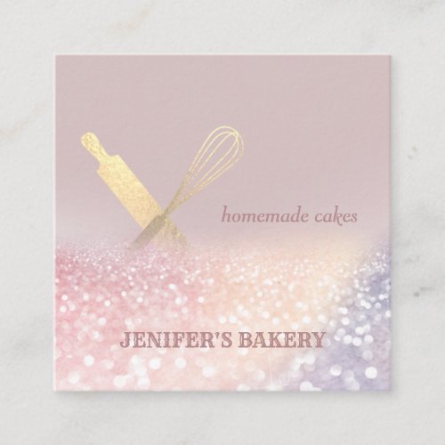 Glittery gold rolling pin whisk chef bakery square business card