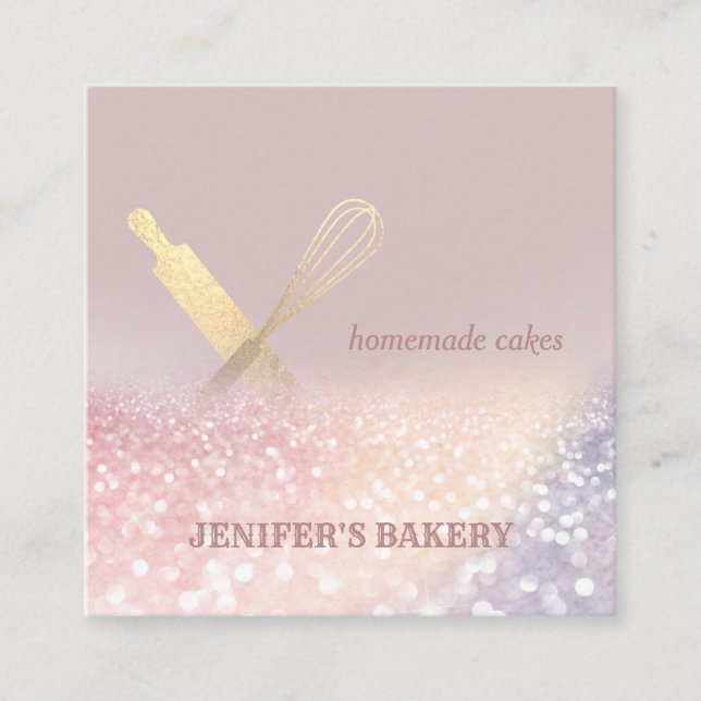 Glittery gold rolling pin whisk chef bakery square business card (Front)