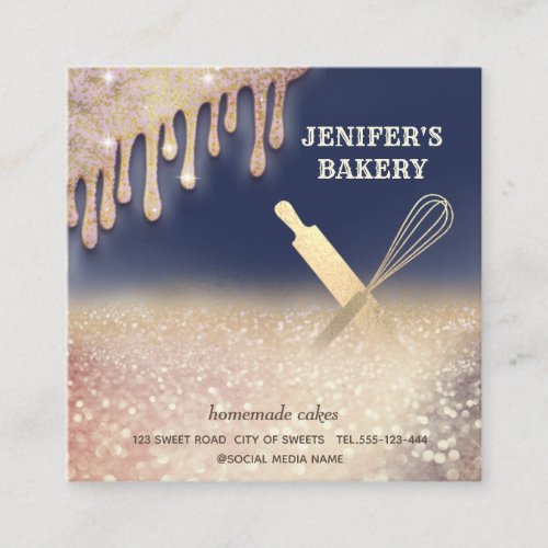 Glittery gold rolling pin whisk chef bakery  square business card