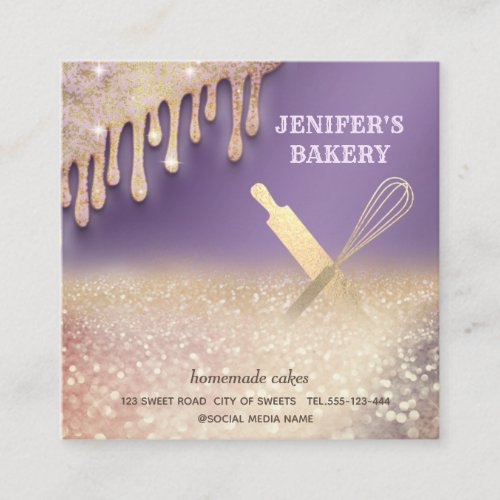 Glittery gold rolling pin whisk chef bakery square business card