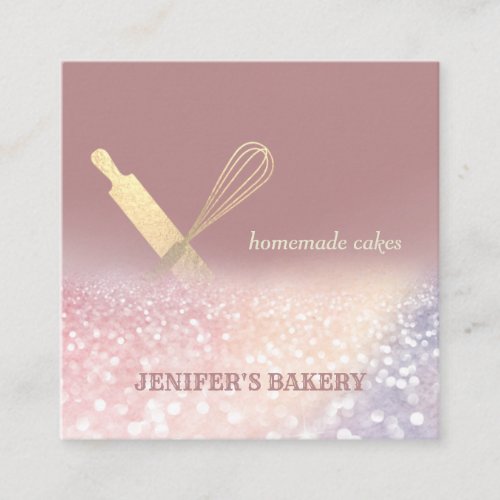 Glittery gold rolling pin whisk chef bakery square business card