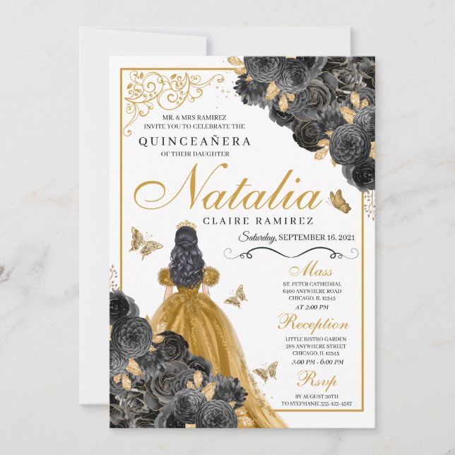 Glittery Gold Roses Butterfly Princess Quinceañera Invitation (Front)