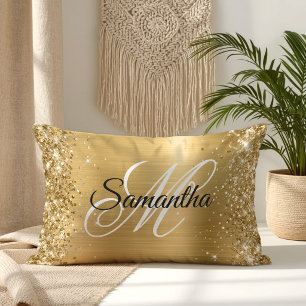 Glittery Gold Satin Foil Monogram Lumbar Pillow