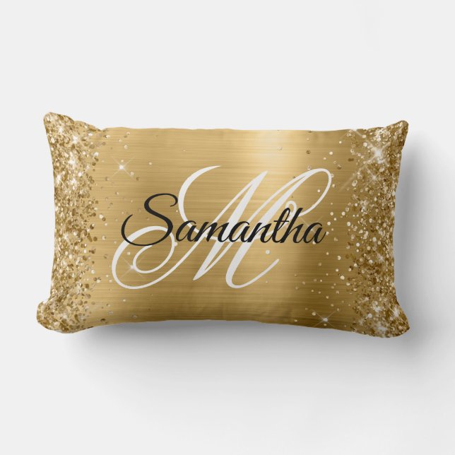 Glittery Gold Satin Foil Monogram Lumbar Pillow (Front)