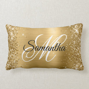 Glittery Gold Satin Foil Monogram Lumbar Pillow