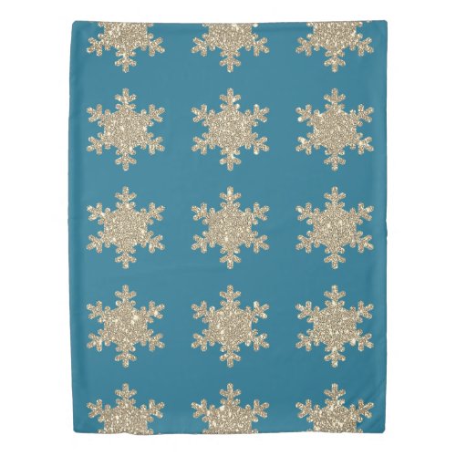 Glittery Gold Snaowflake Pattern Rustic Blue Cool Duvet Cover