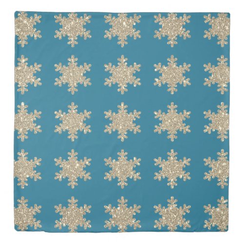 Glittery Gold Snaowflake Pattern Rustic Blue Cute Duvet Cover