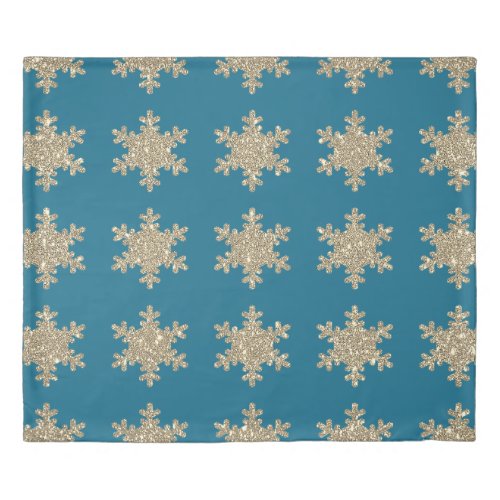 Glittery Gold Snaowflake Pattern Rustic Ocean Blue Duvet Cover