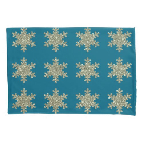 Glittery Gold Snaowflake Pattern Rustic Ocean Blue Pillow Case