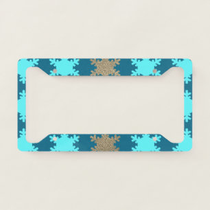 Glittery Gold Snowflake Patterns Blue Turquoise  License Plate Frame