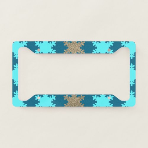 Glittery Gold Snowflake Patterns Blue Turquoise  License Plate Frame