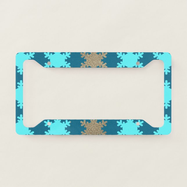 Glittery Gold Snowflake Patterns Blue Turquoise  License Plate Frame (Front)