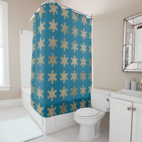 Glittery Gold Snowflake Patterns Deep Ocean Blue Shower Curtain