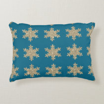 Glittery Gold Snowflake Patterns Rustic Ocean Blue Accent Pillow