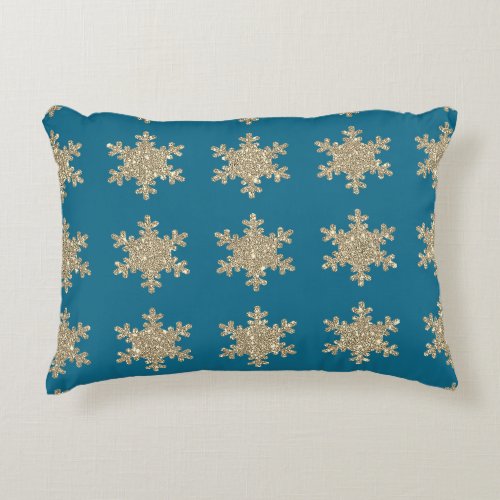 Glittery Gold Snowflake Patterns Rustic Ocean Blue Accent Pillow