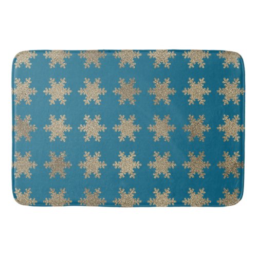 Glittery Gold Snowflake Patterns Rustic Ocean Blue Bath Mat
