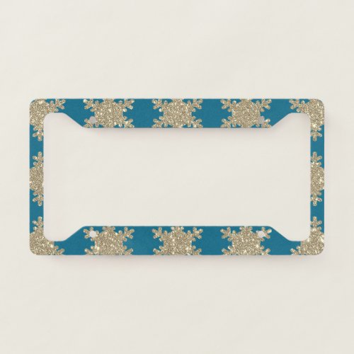 Glittery Gold Snowflake Patterns Rustic Ocean Blue License Plate Frame