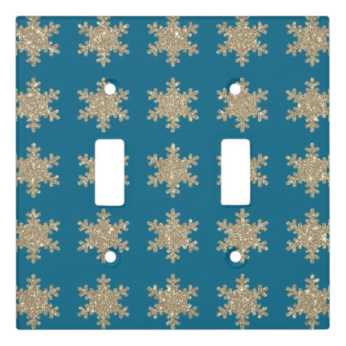 Glittery Gold Snowflake Patterns Rustic Ocean Blue Light Switch Cover