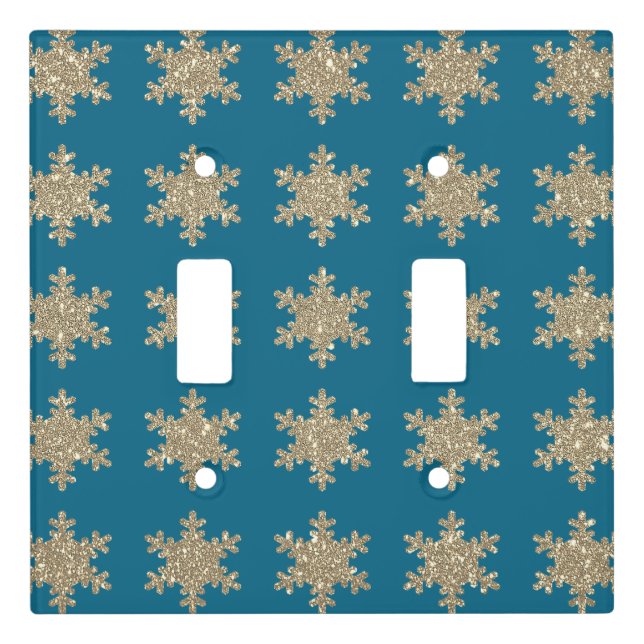 Glittery Gold Snowflake Patterns Rustic Ocean Blue Light Switch Cover (Front)