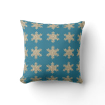 Glittery Gold Snowflake Patterns Rustic Ocean Blue Outdoor Pillow