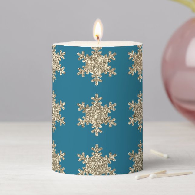 Glittery Gold Snowflake Patterns Rustic Ocean Blue Pillar Candle (In Situ)