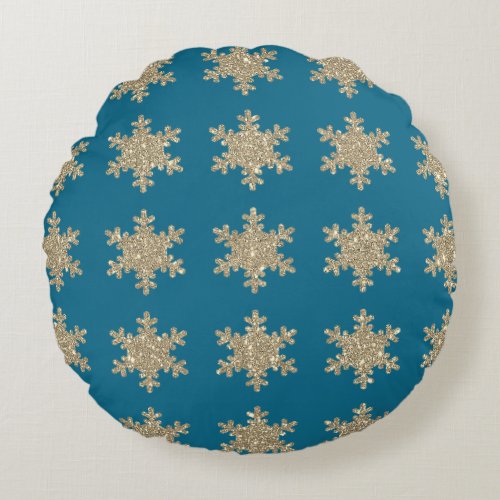 Glittery Gold Snowflake Patterns Rustic Ocean Blue Round Pillow