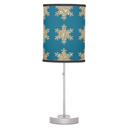 Glittery Gold Snowflake Patterns Rustic Ocean Blue Table Lamp