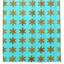 Glittery Gold Snowflake Patterns Turquoise Blue  Shower Curtain