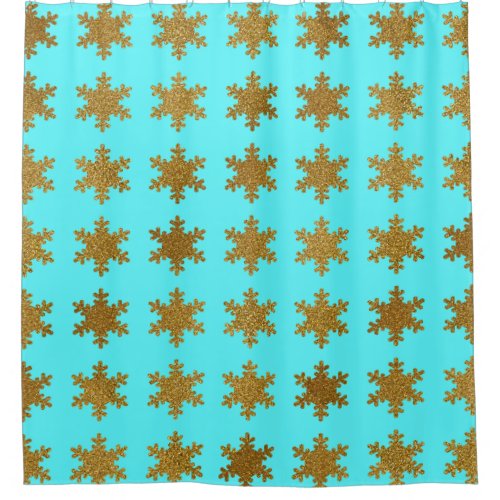 Glittery Gold Snowflake Patterns Turquoise Blue  Shower Curtain