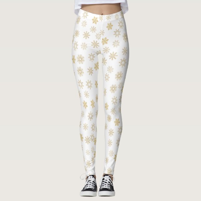 Glittery Gold Snowflakes Leggings (Front)