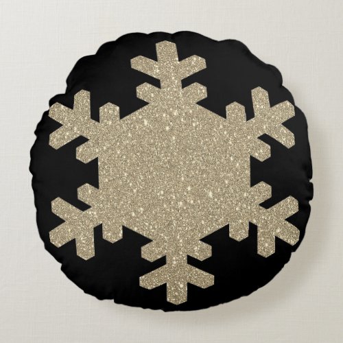 Glittery Gold Snowflakes Pattern Black Cute Gift Round Pillow