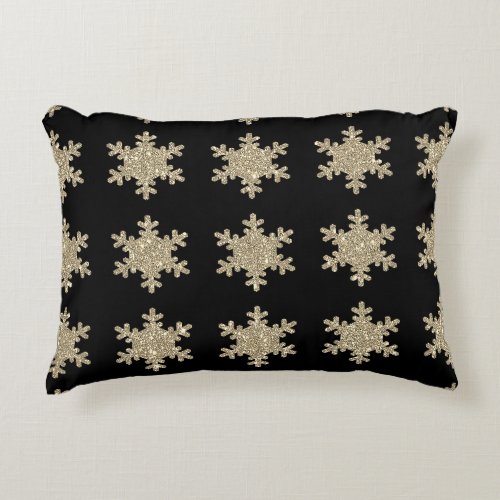 Glittery Gold Snowflakes Patterns Black Cute 2023 Accent Pillow