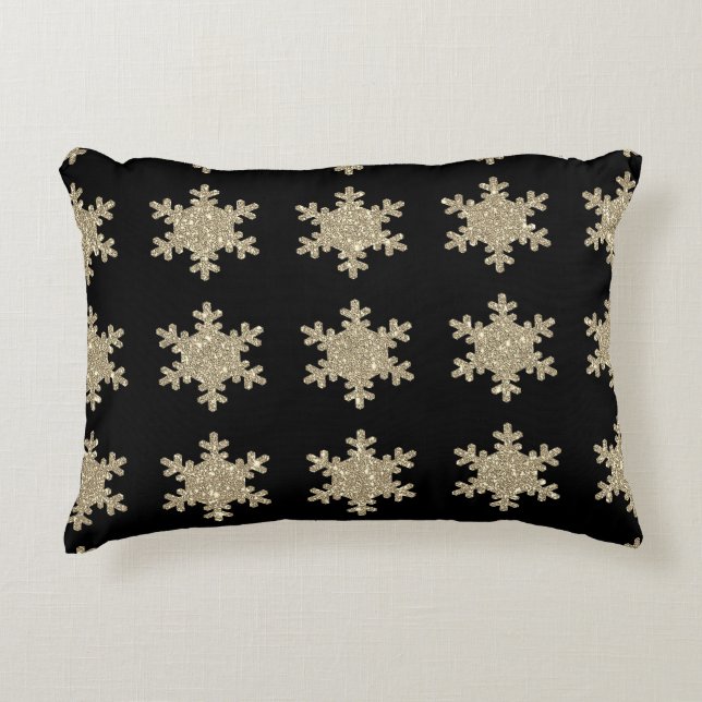 Glittery Gold Snowflakes Patterns Black Cute 2023 Accent Pillow (Front)