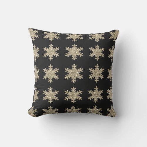 Glittery Gold Snowflakes Patterns Black Cute 2023 Outdoor Pillow