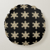 Glittery Gold Snowflakes Patterns Black Cute 2023 Round Pillow