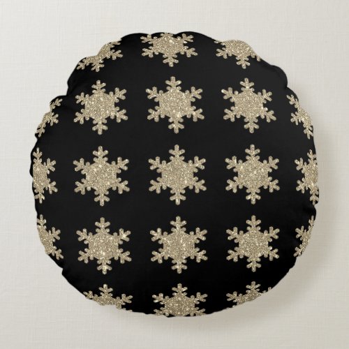 Glittery Gold Snowflakes Patterns Black Cute 2023 Round Pillow