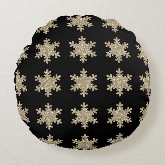 Glittery Gold Snowflakes Patterns Black Cute 2023 Round Pillow (Front)