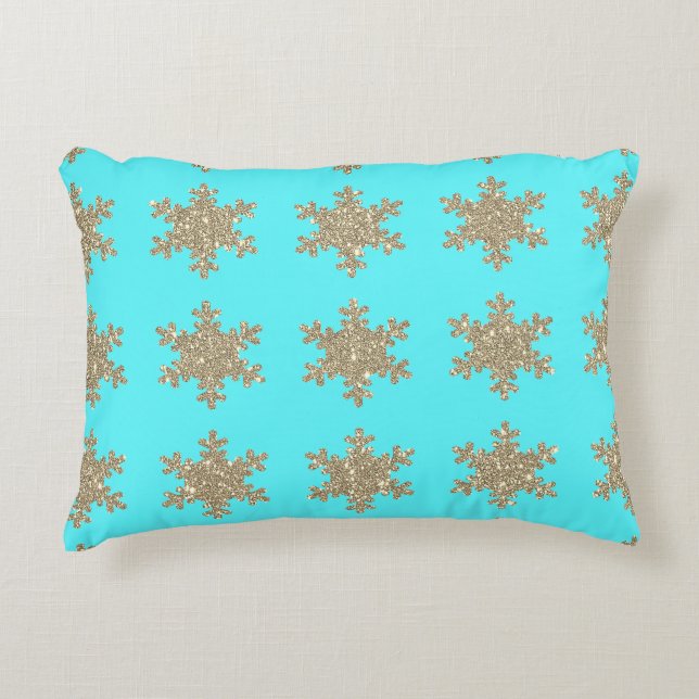 Glittery Gold Snowflakes Patterns Turquoise Blue Accent Pillow (Front)