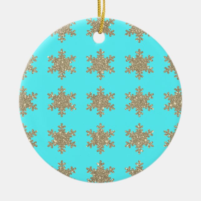 Glittery Gold Snowflakes Patterns Turquoise Blue Ceramic Ornament (Front)