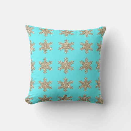 Glittery Gold Snowflakes Patterns Turquoise Blue Outdoor Pillow