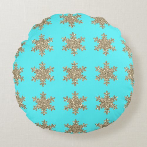 Glittery Gold Snowflakes Patterns Turquoise Blue Round Pillow