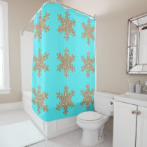 Glittery Gold Snowflakes Patterns Turquoise Blue Shower Curtain