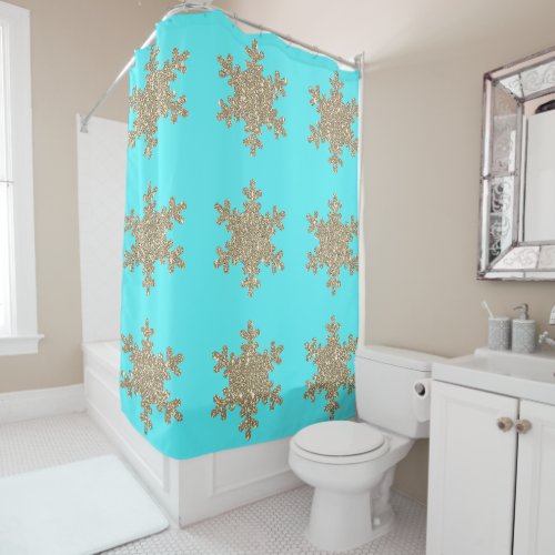 Glittery Gold Snowflakes Patterns Turquoise Blue Shower Curtain