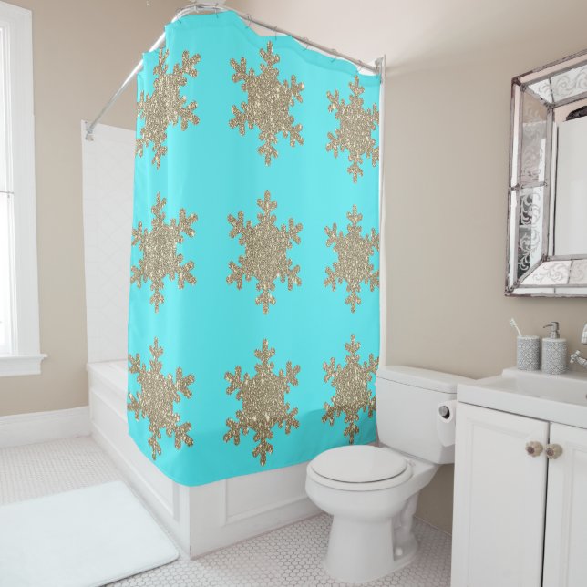 Glittery Gold Snowflakes Patterns Turquoise Blue Shower Curtain (In Situ)