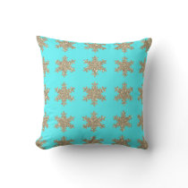 Glittery Gold Snowflakes Patterns Turquoise Blue Throw Pillow