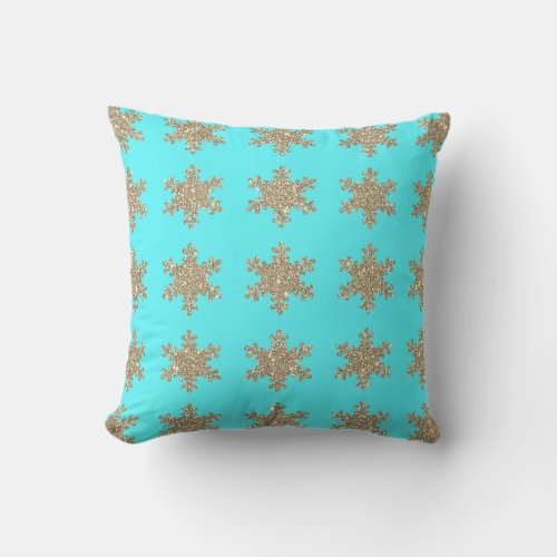 Glittery Gold Snowflakes Patterns Turquoise Blue Throw Pillow