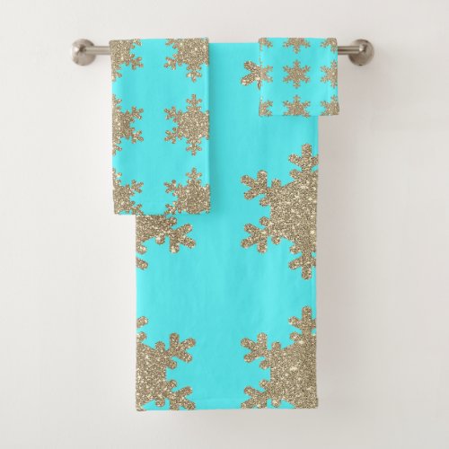 Glittery Gold Snowflakes Patterns Turquoise Cute Bath Towel Set
