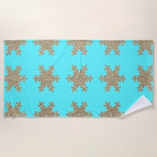 Glittery Gold Snowflakes Patterns Turquoise Cute Beach Towel