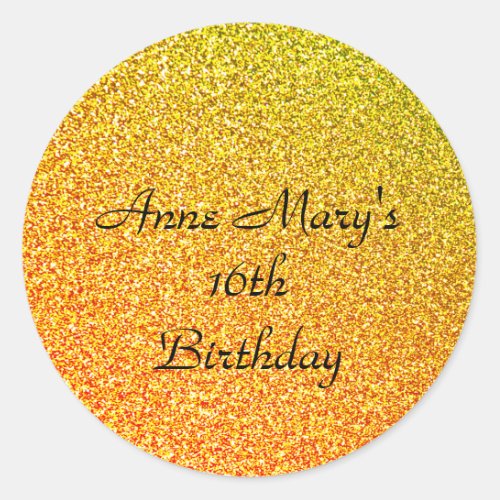 Glittery Gold Sparkle 16th Birthday Custom Name Classic Round Sticker